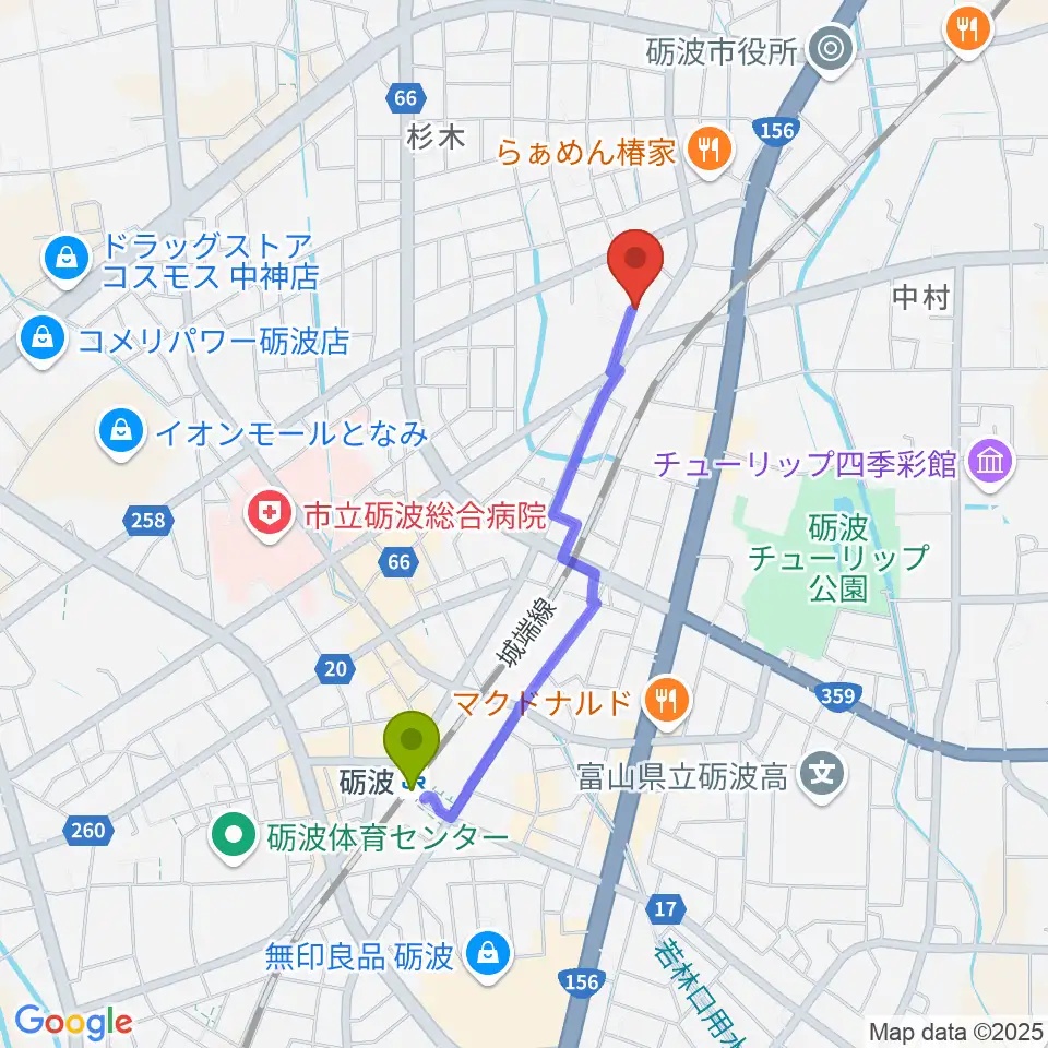 あいこ音楽教室の最寄駅砺波駅からの徒歩ルート（約15分）地図