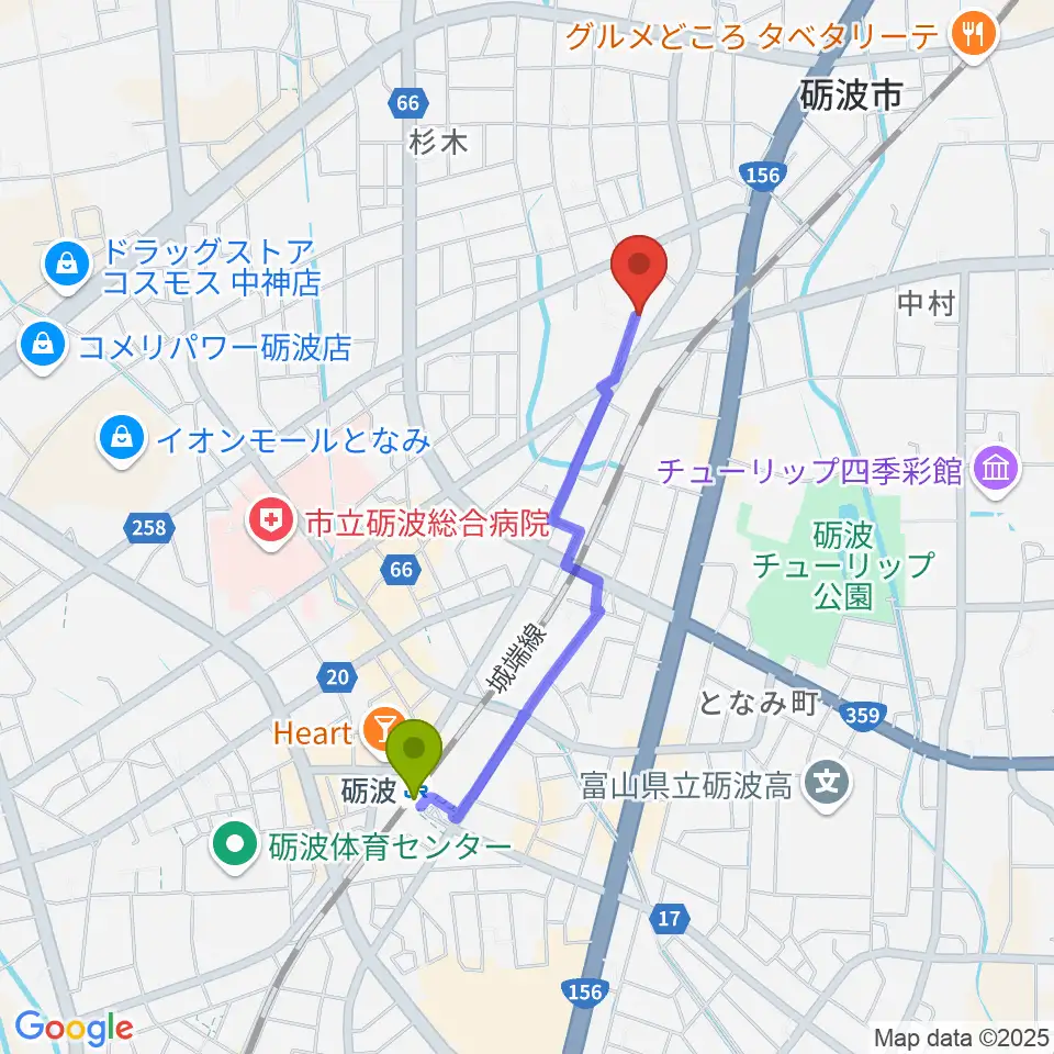 あいこ音楽教室の最寄駅砺波駅からの徒歩ルート（約15分）地図