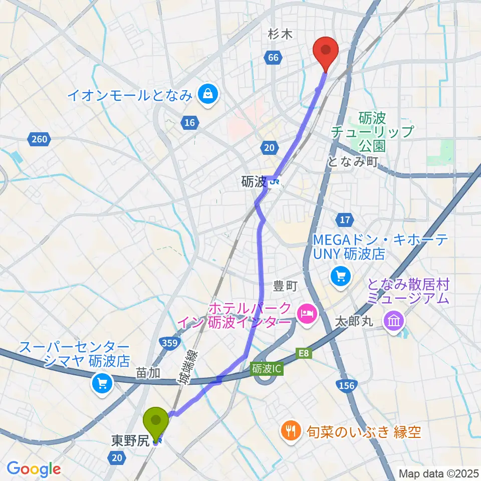 東野尻駅からあいこ音楽教室へのルートマップ地図