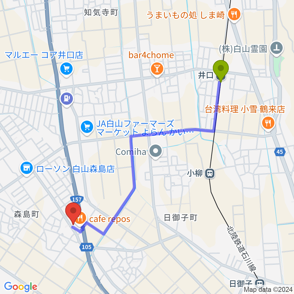 井口駅からにった音楽教室へのルートマップ地図