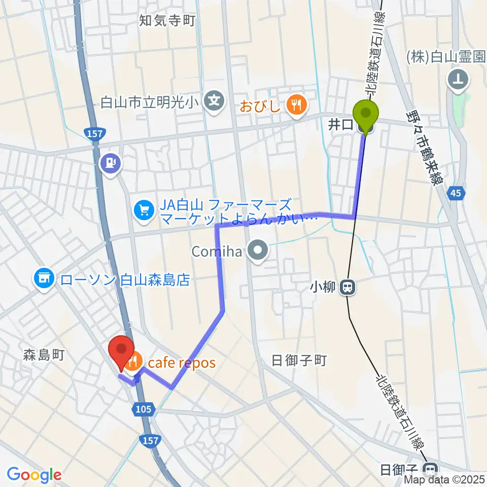 井口駅からにった音楽教室へのルートマップ地図