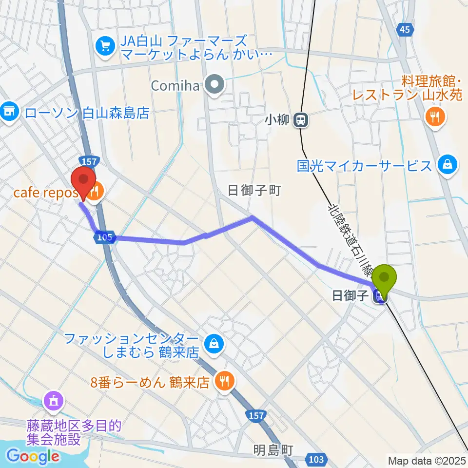 日御子駅からにった音楽教室へのルートマップ地図