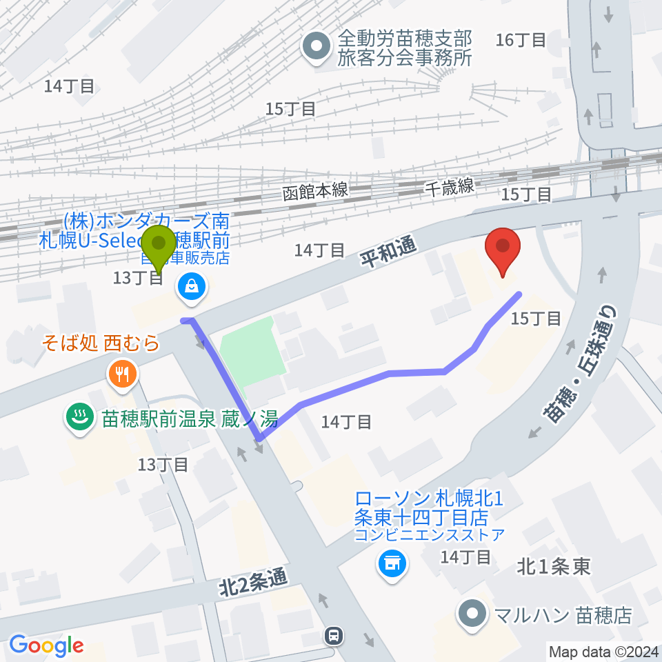 スタジオクリームの最寄駅苗穂駅からの徒歩ルート（約4分）地図