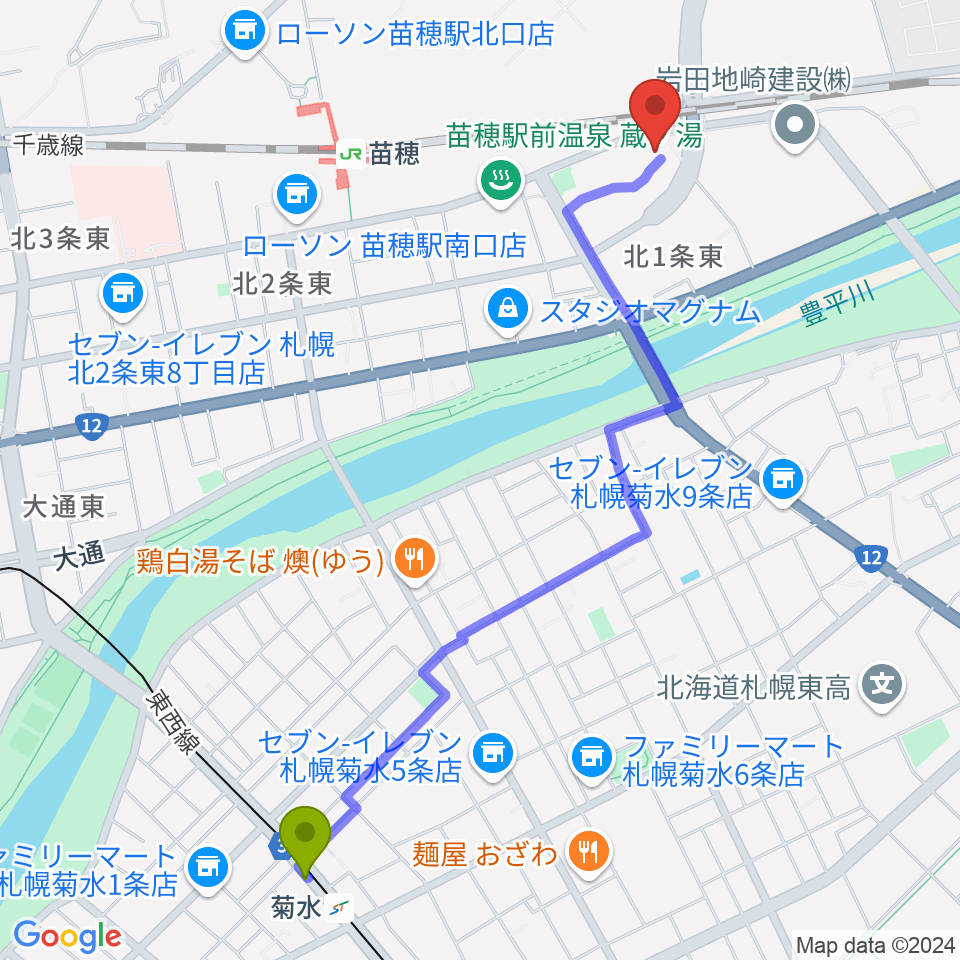 菊水駅からスタジオクリームへのルートマップ地図