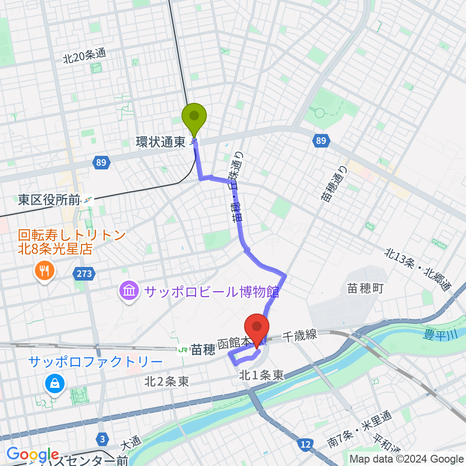 環状通東駅からスタジオクリームへのルートマップ地図