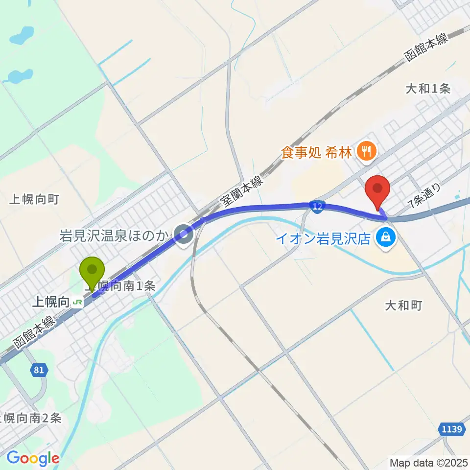 MP HALLの最寄駅上幌向駅からの徒歩ルート（約35分）地図