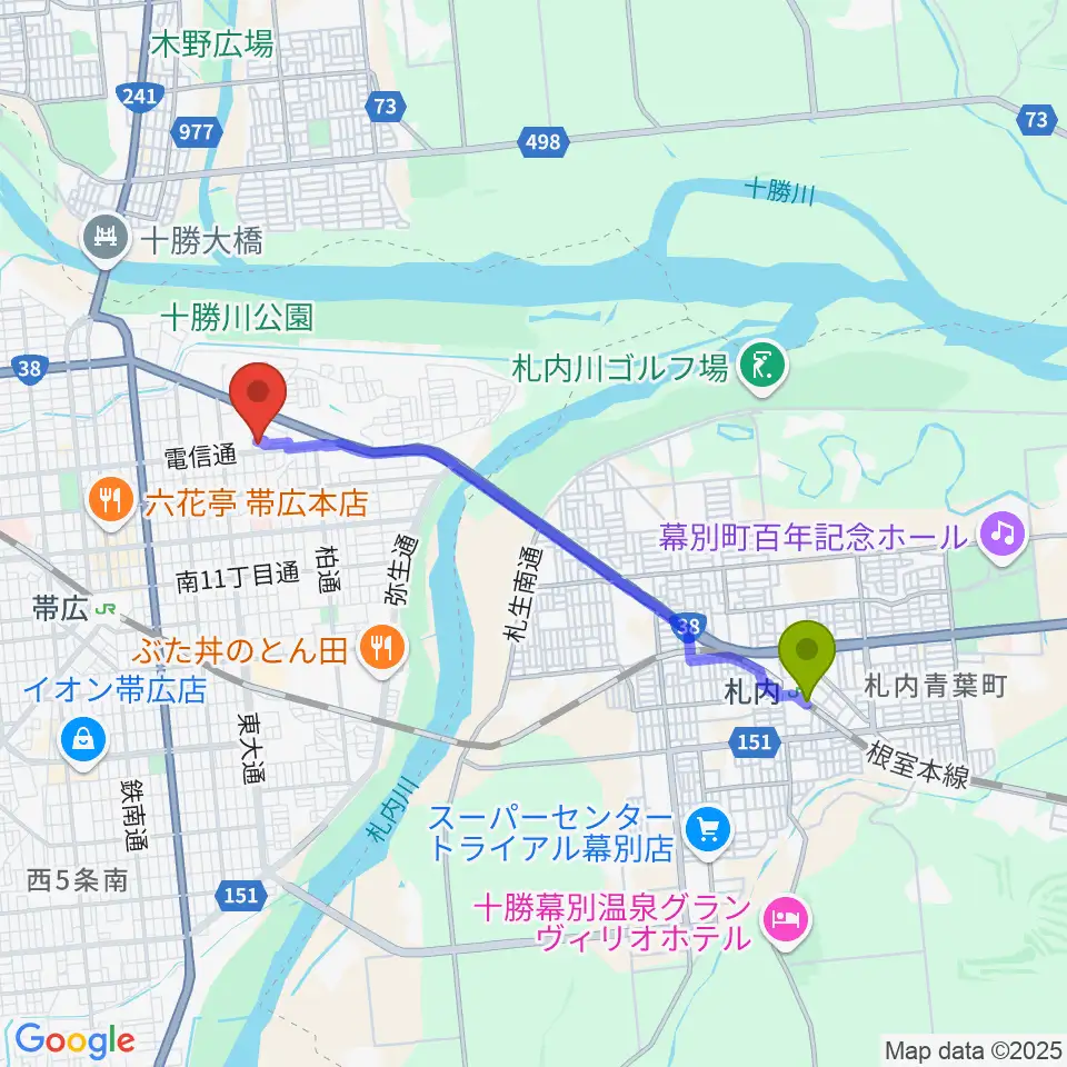 札内駅から帯広メガストーンへのルートマップ地図