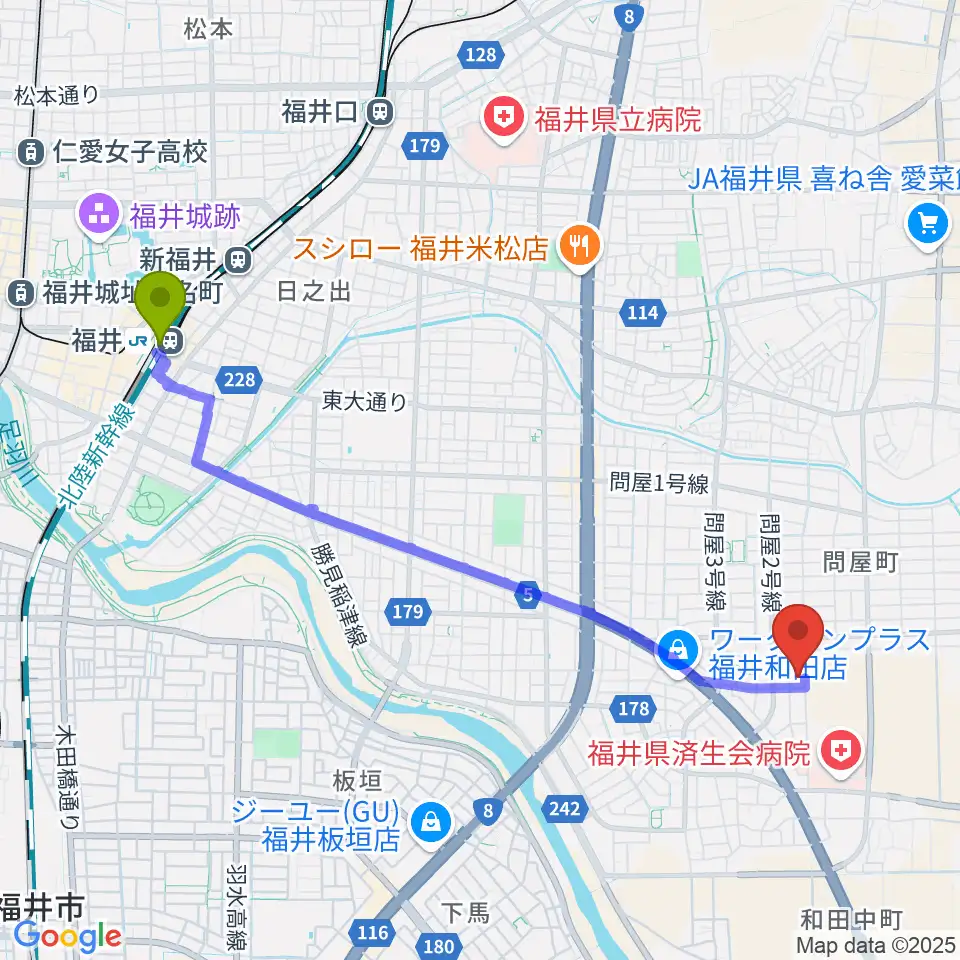 福井駅からふくい子どものための音楽教室へのルートマップ地図