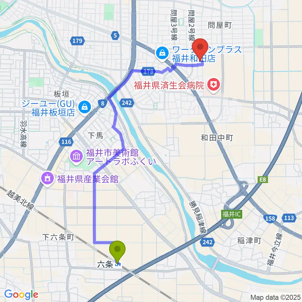 ふくい子どものための音楽教室の最寄駅六条駅からの徒歩ルート（約45分）地図