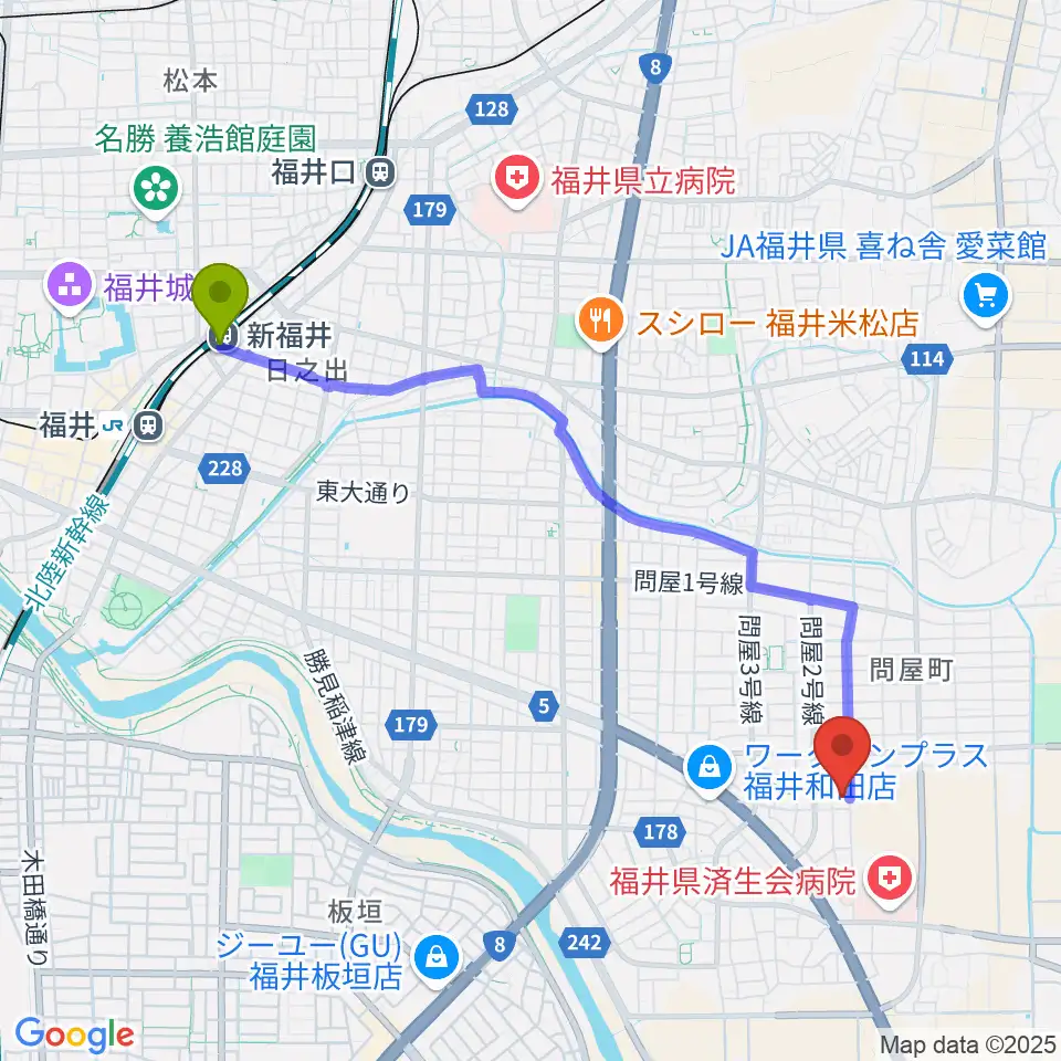 新福井駅からふくい子どものための音楽教室へのルートマップ地図