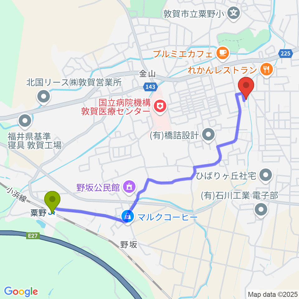 角野萌ぎ会ピアノ教室の最寄駅粟野駅からの徒歩ルート（約23分）地図