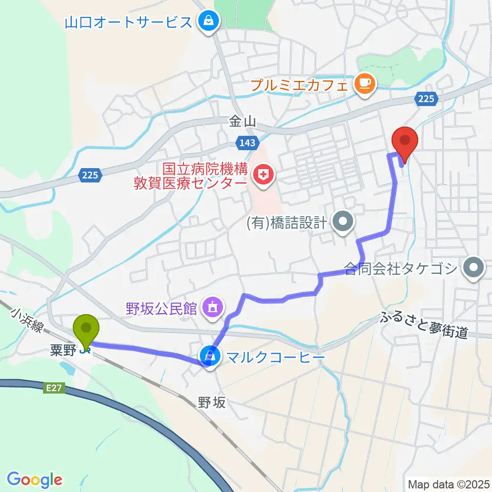 角野萌ぎ会ピアノ教室の最寄駅粟野駅からの徒歩ルート（約23分）地図