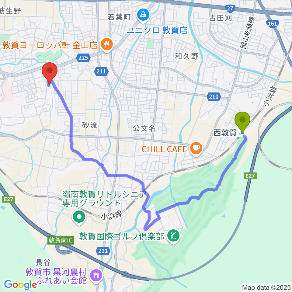 西敦賀駅から角野萌ぎ会ピアノ教室へのルートマップ地図