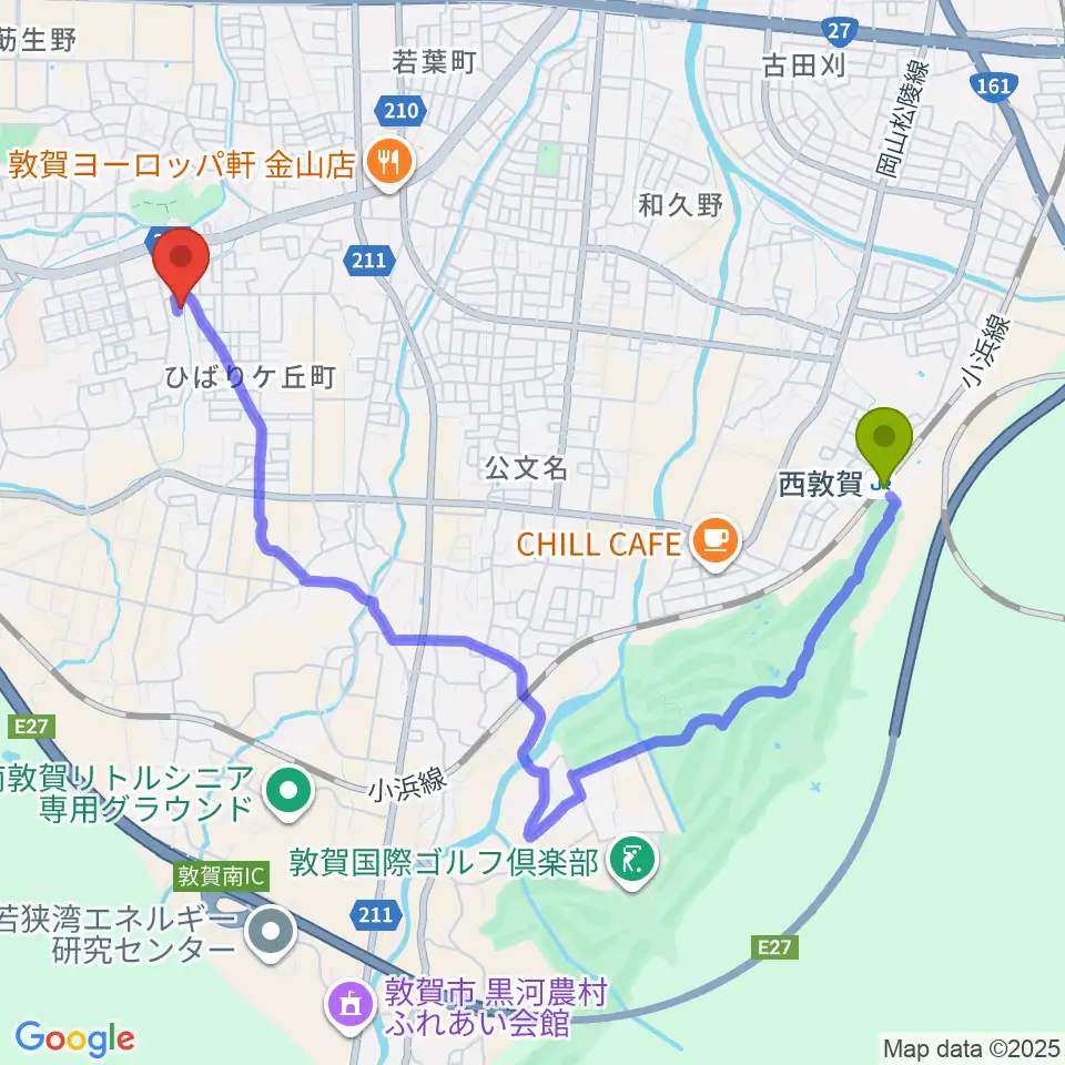 西敦賀駅から角野萌ぎ会ピアノ教室へのルートマップ地図