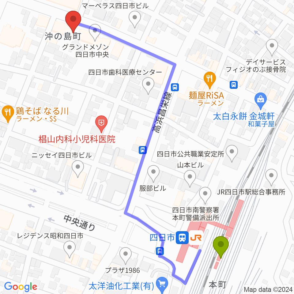 石田ピアノ教室の最寄駅四日市駅からの徒歩ルート（約7分）地図