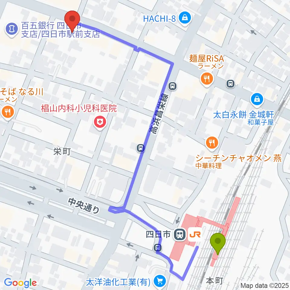 石田ピアノ教室の最寄駅四日市駅からの徒歩ルート（約7分）地図
