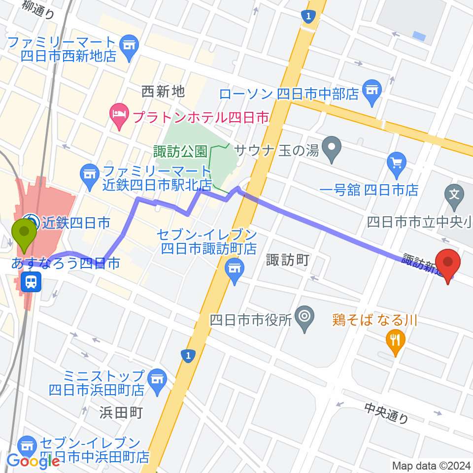 近鉄四日市駅から石田ピアノ教室へのルートマップ地図