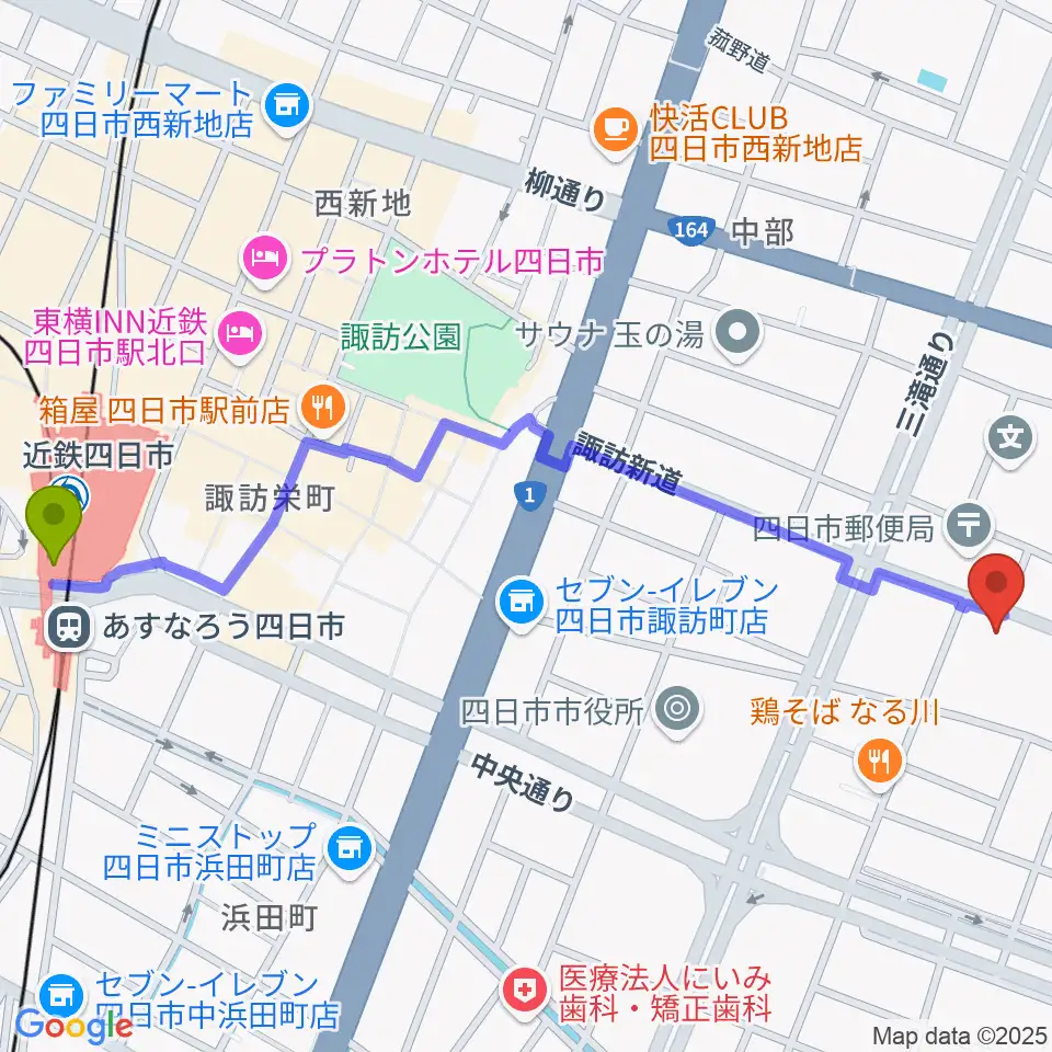 近鉄四日市駅から石田ピアノ教室へのルートマップ地図