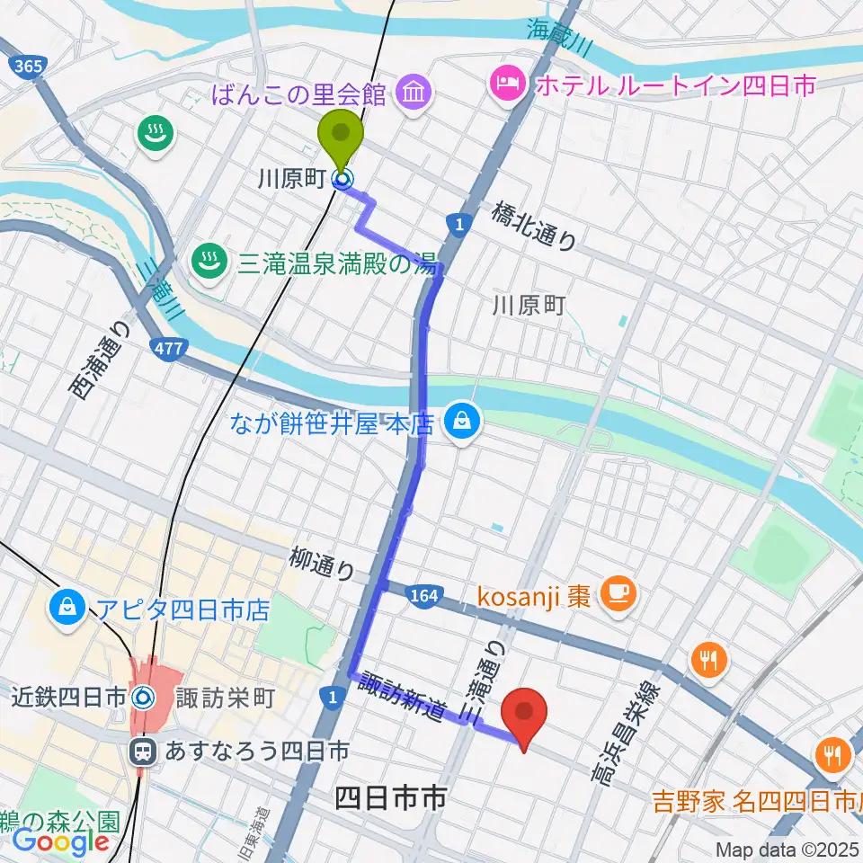 川原町駅から石田ピアノ教室へのルートマップ地図