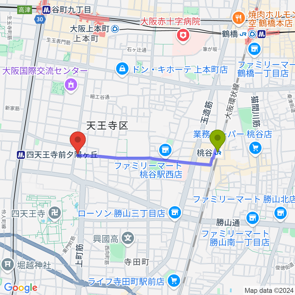 桃谷駅から薮内音楽教室へのルートマップ地図