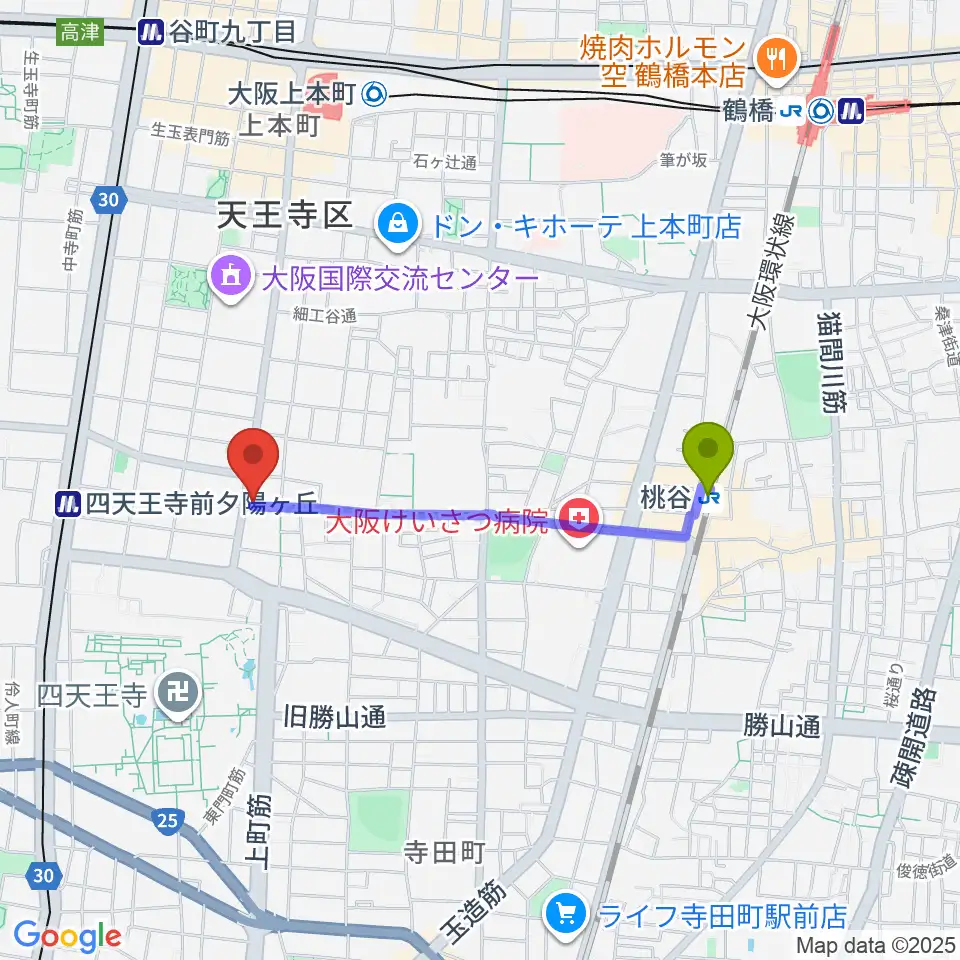 桃谷駅から薮内音楽教室へのルートマップ地図