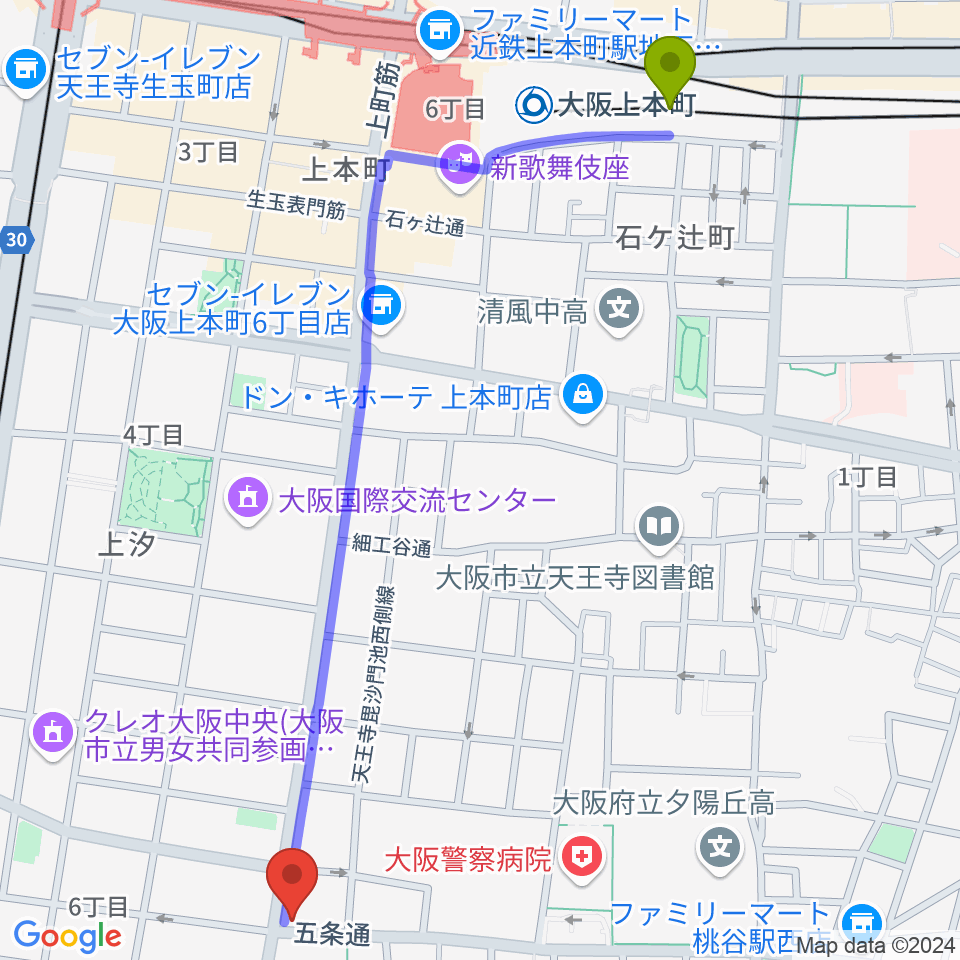 大阪上本町駅から薮内音楽教室へのルートマップ地図