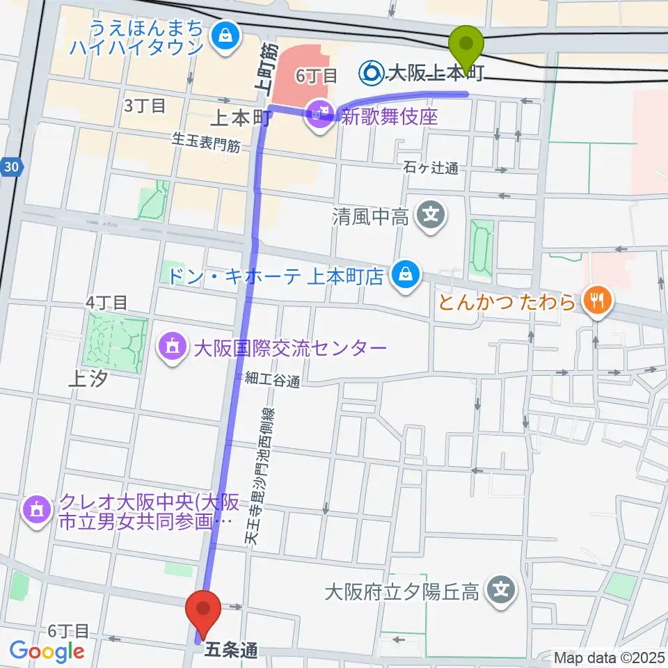 大阪上本町駅から薮内音楽教室へのルートマップ地図