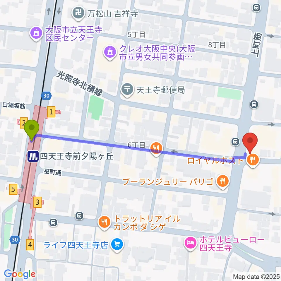 薮内音楽教室の最寄駅四天王寺前夕陽ヶ丘駅からの徒歩ルート（約6分）地図