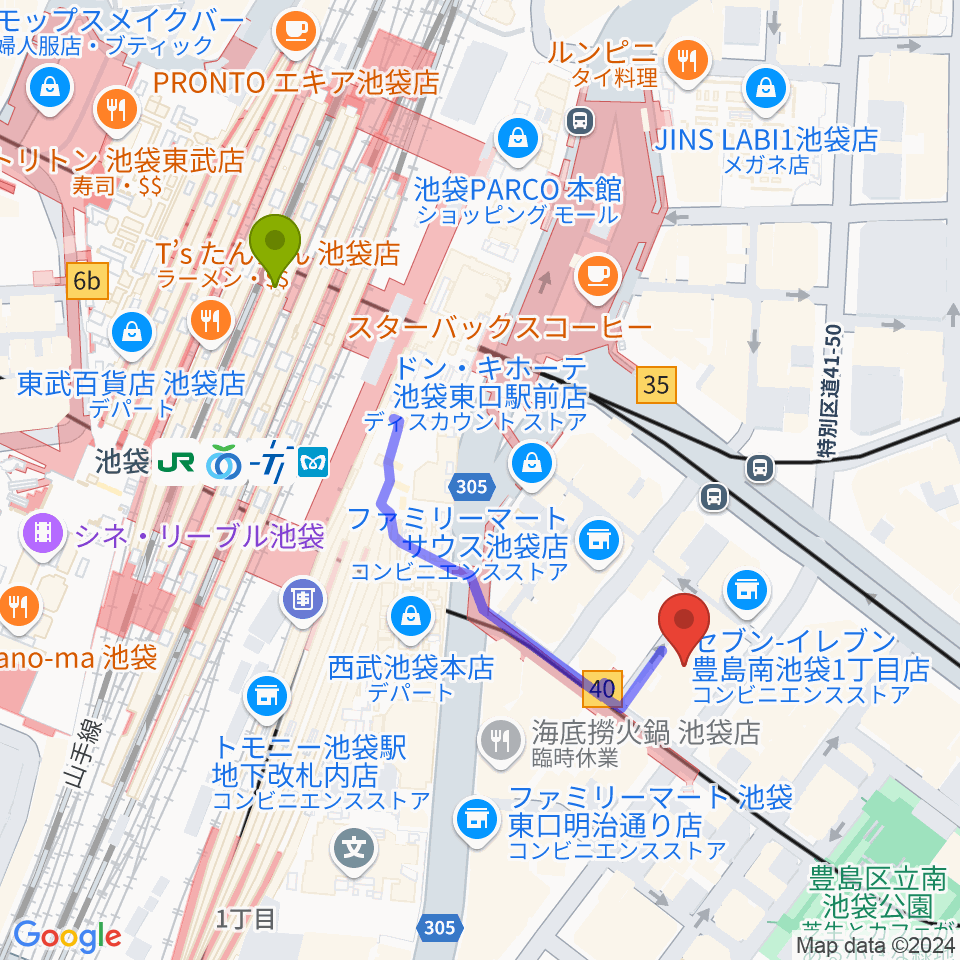 クロサワ楽器池袋店 エレキ本館の最寄駅池袋駅からの徒歩ルート（約4分）地図