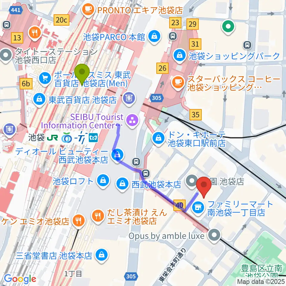 クロサワ楽器池袋店 エレキ本館の最寄駅池袋駅からの徒歩ルート（約4分）地図
