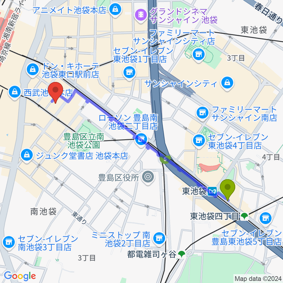 東池袋駅からクロサワ楽器池袋店 エレキ本館へのルートマップ地図