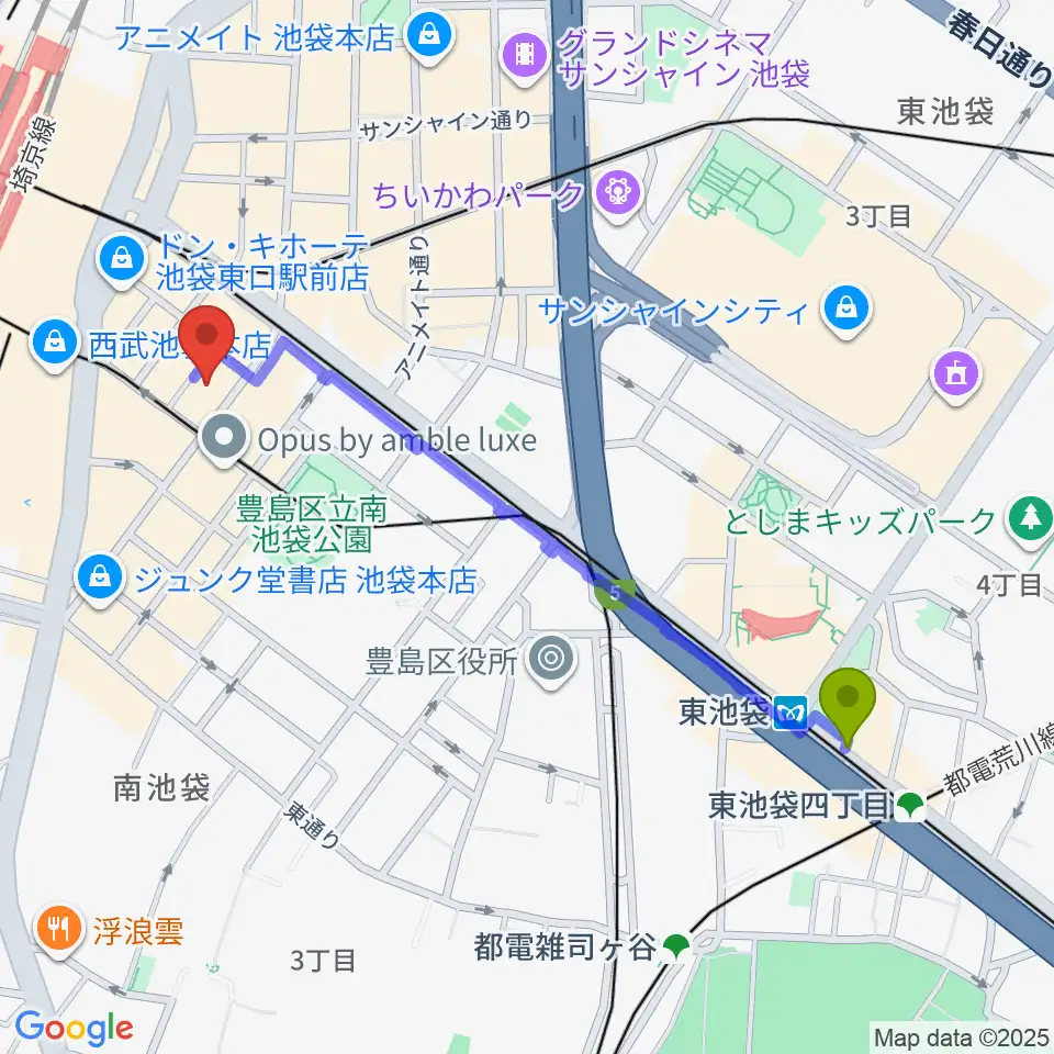 東池袋駅からクロサワ楽器池袋店 エレキ本館へのルートマップ地図