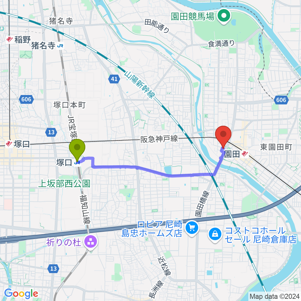 塚口駅から音楽教室アワーズへのルートマップ地図