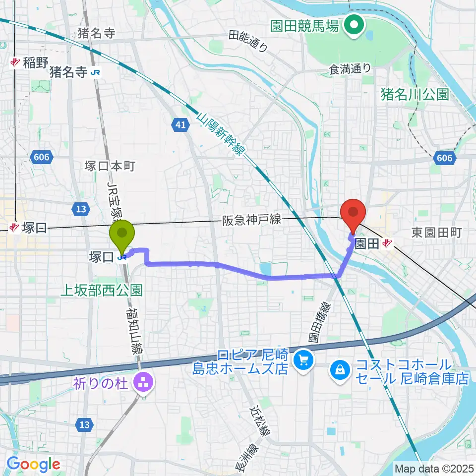 塚口駅から音楽教室アワーズへのルートマップ地図