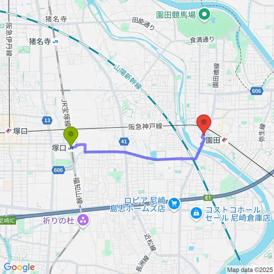塚口駅から音楽教室アワーズへのルートマップ地図