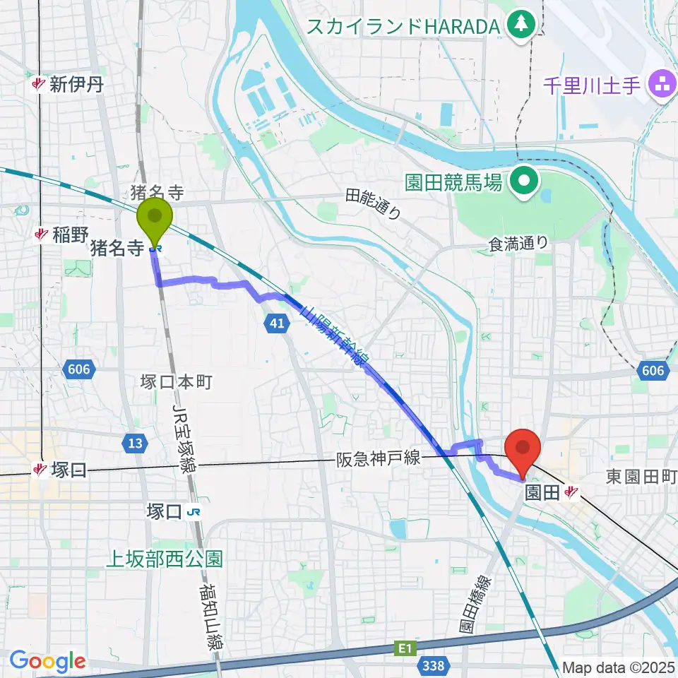 猪名寺駅から音楽教室アワーズへのルートマップ地図