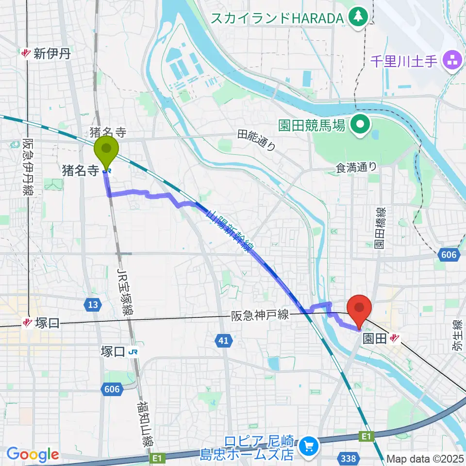 猪名寺駅から音楽教室アワーズへのルートマップ地図