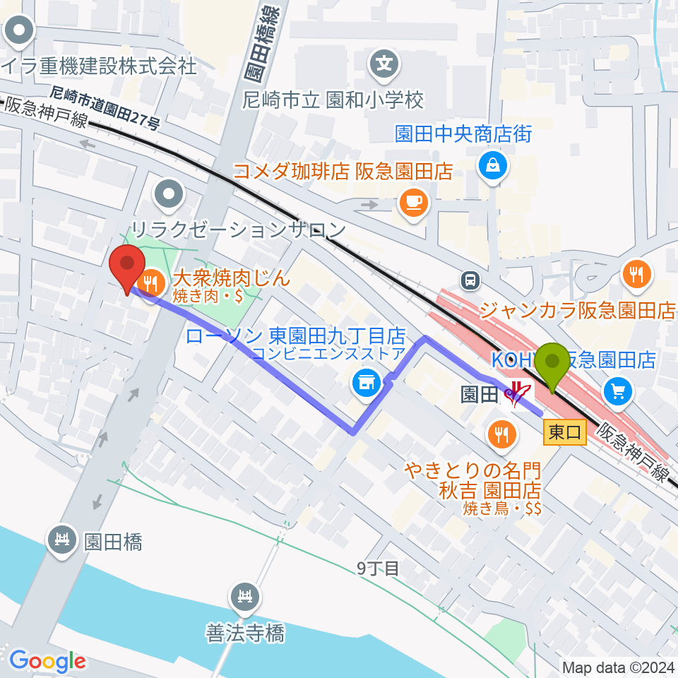 音楽教室アワーズの最寄駅園田駅からの徒歩ルート（約5分）地図