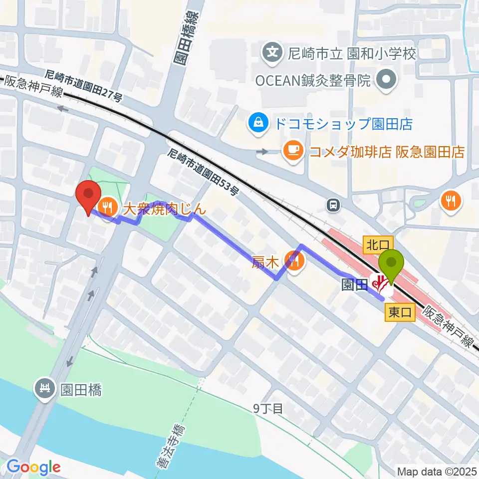 音楽教室アワーズの最寄駅園田駅からの徒歩ルート（約5分）地図