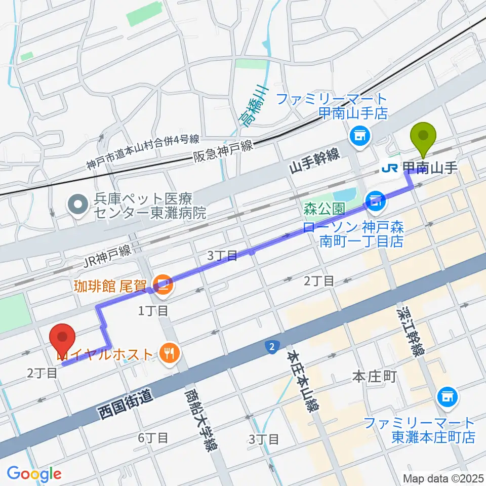 甲南山手駅からはな音楽教室へのルートマップ地図