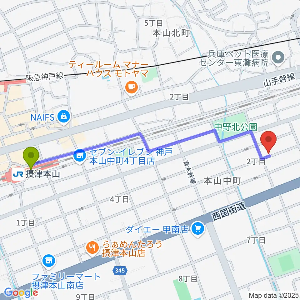 はな音楽教室の最寄駅摂津本山駅からの徒歩ルート（約12分）地図