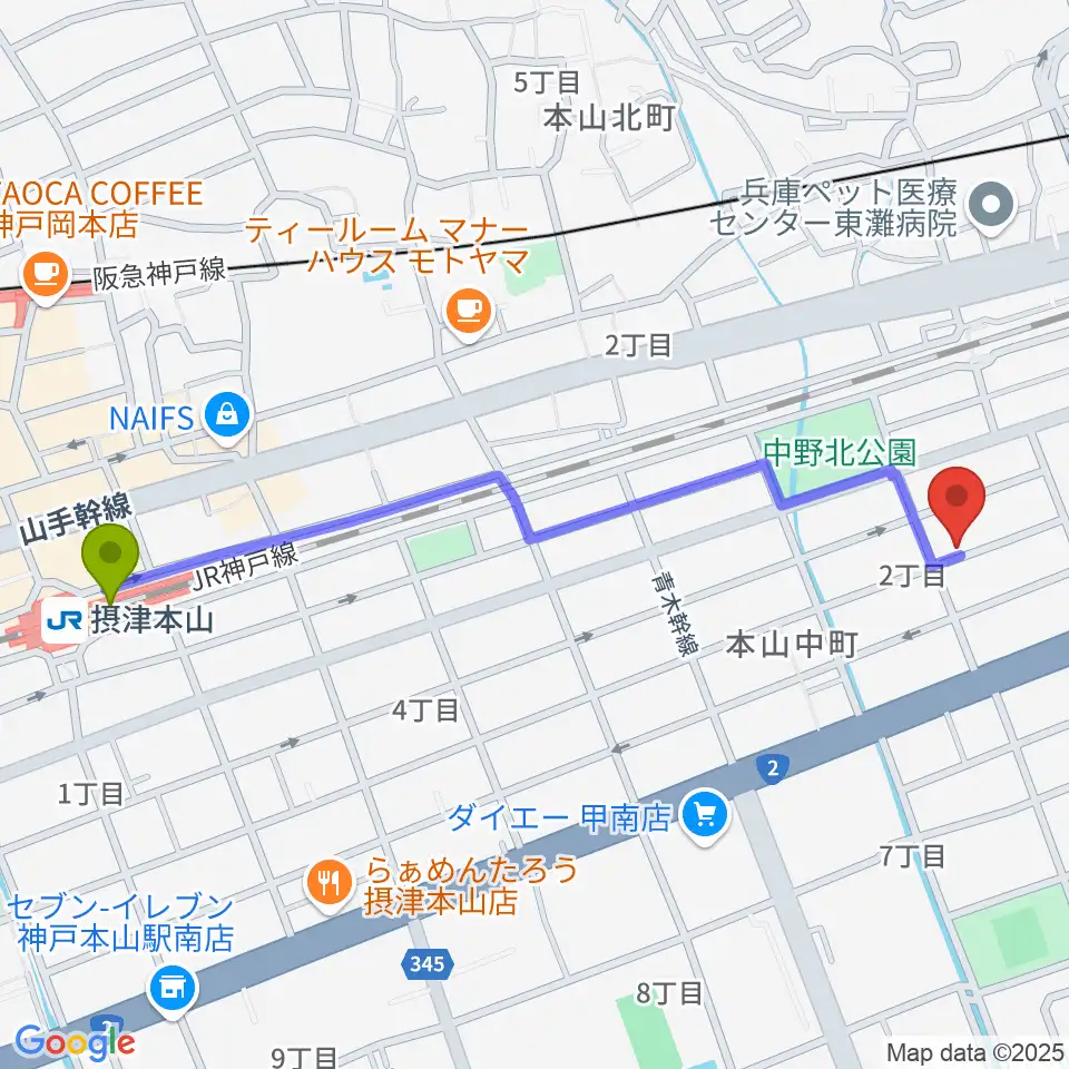 はな音楽教室の最寄駅摂津本山駅からの徒歩ルート（約12分）地図
