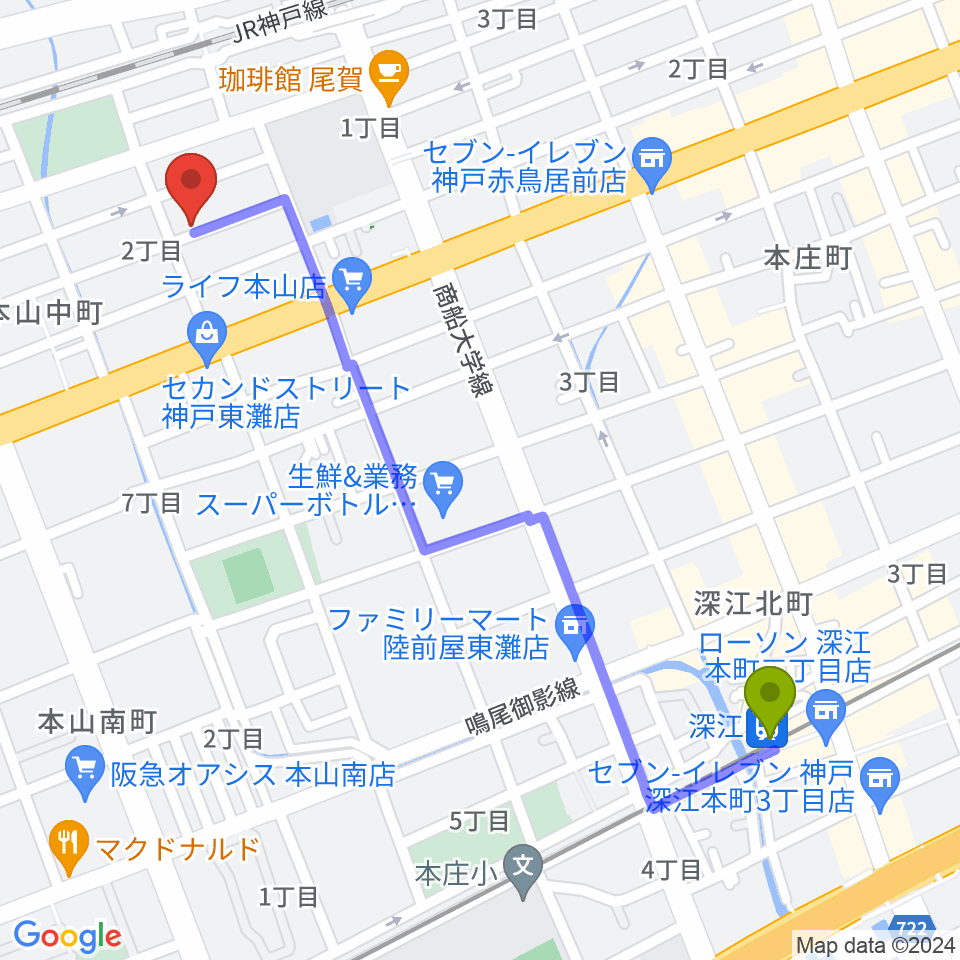深江駅からはな音楽教室へのルートマップ地図