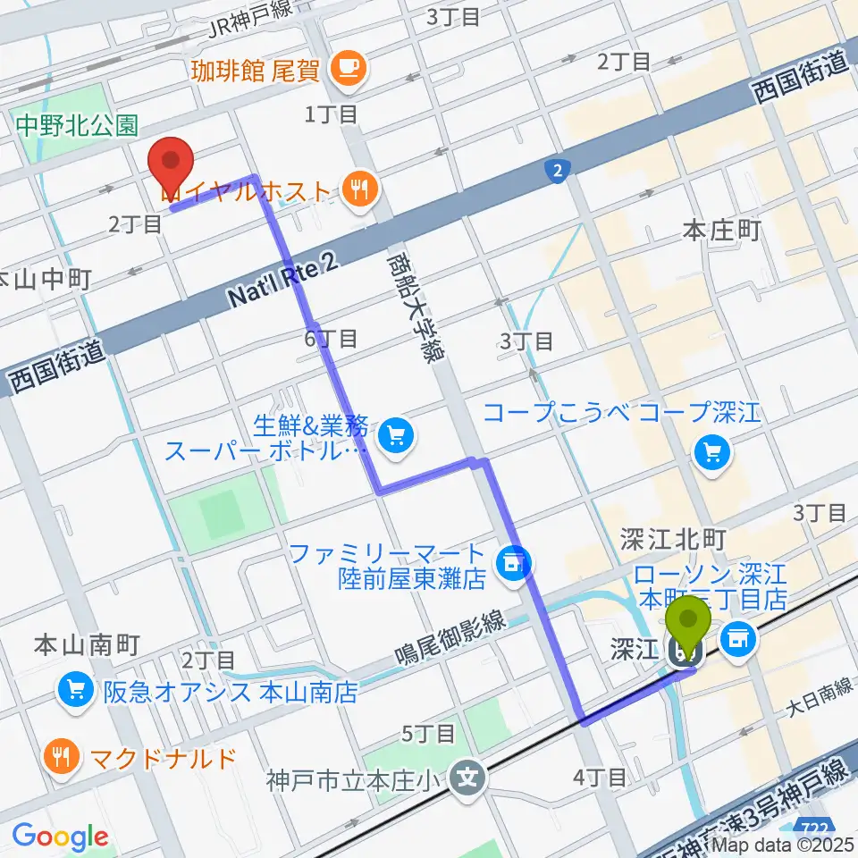 深江駅からはな音楽教室へのルートマップ地図