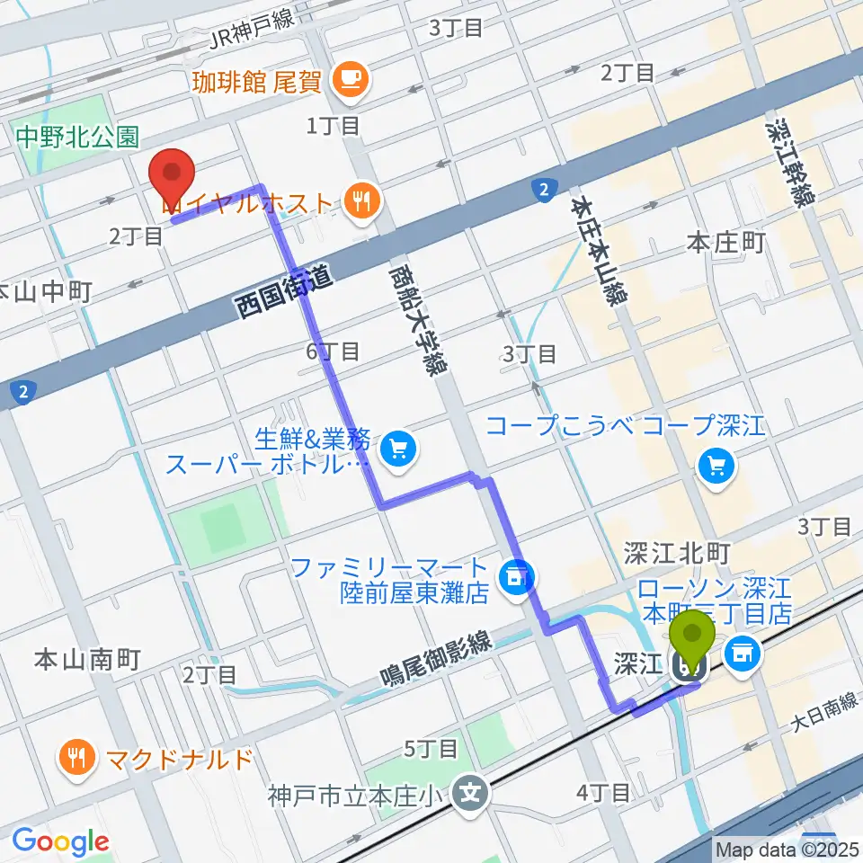 深江駅からはな音楽教室へのルートマップ地図