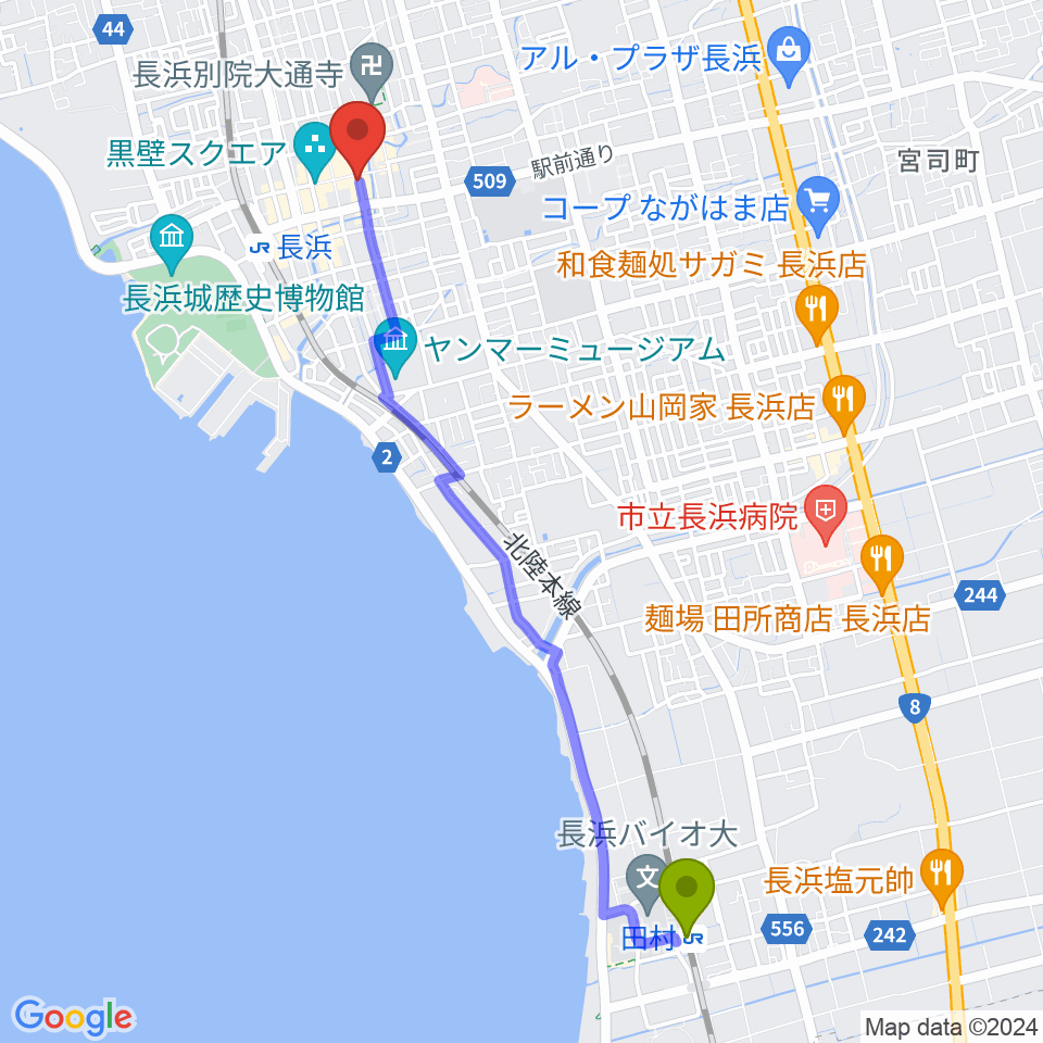 田村駅からきたむらカワイ音楽教室へのルートマップ地図
