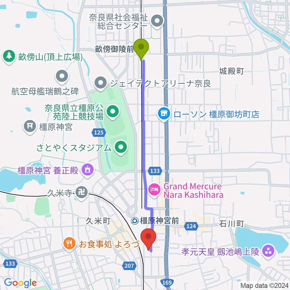 畝傍御陵前駅から橋本楽器ローレンス音楽教室へのルートマップ地図