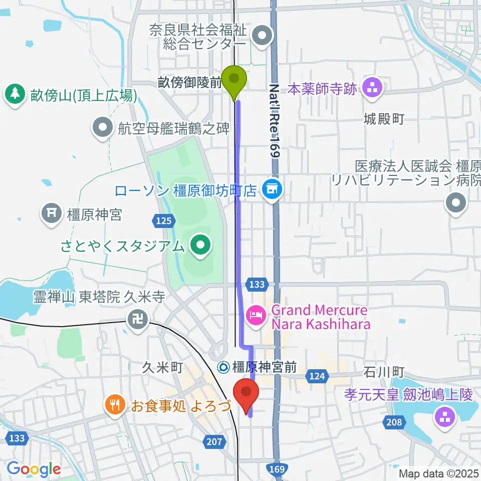 畝傍御陵前駅から橋本楽器ローレンス音楽教室へのルートマップ地図