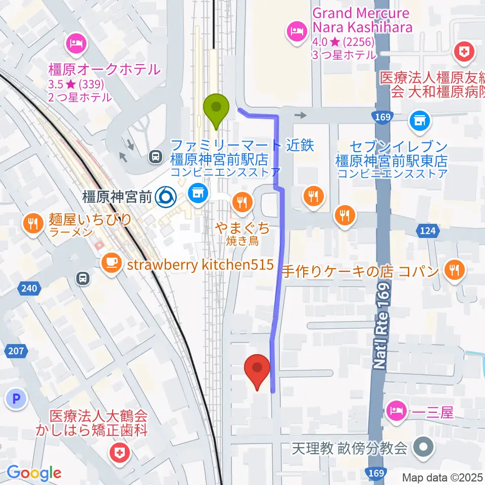 橋本楽器ローレンス音楽教室の最寄駅橿原神宮前駅からの徒歩ルート（約4分）地図