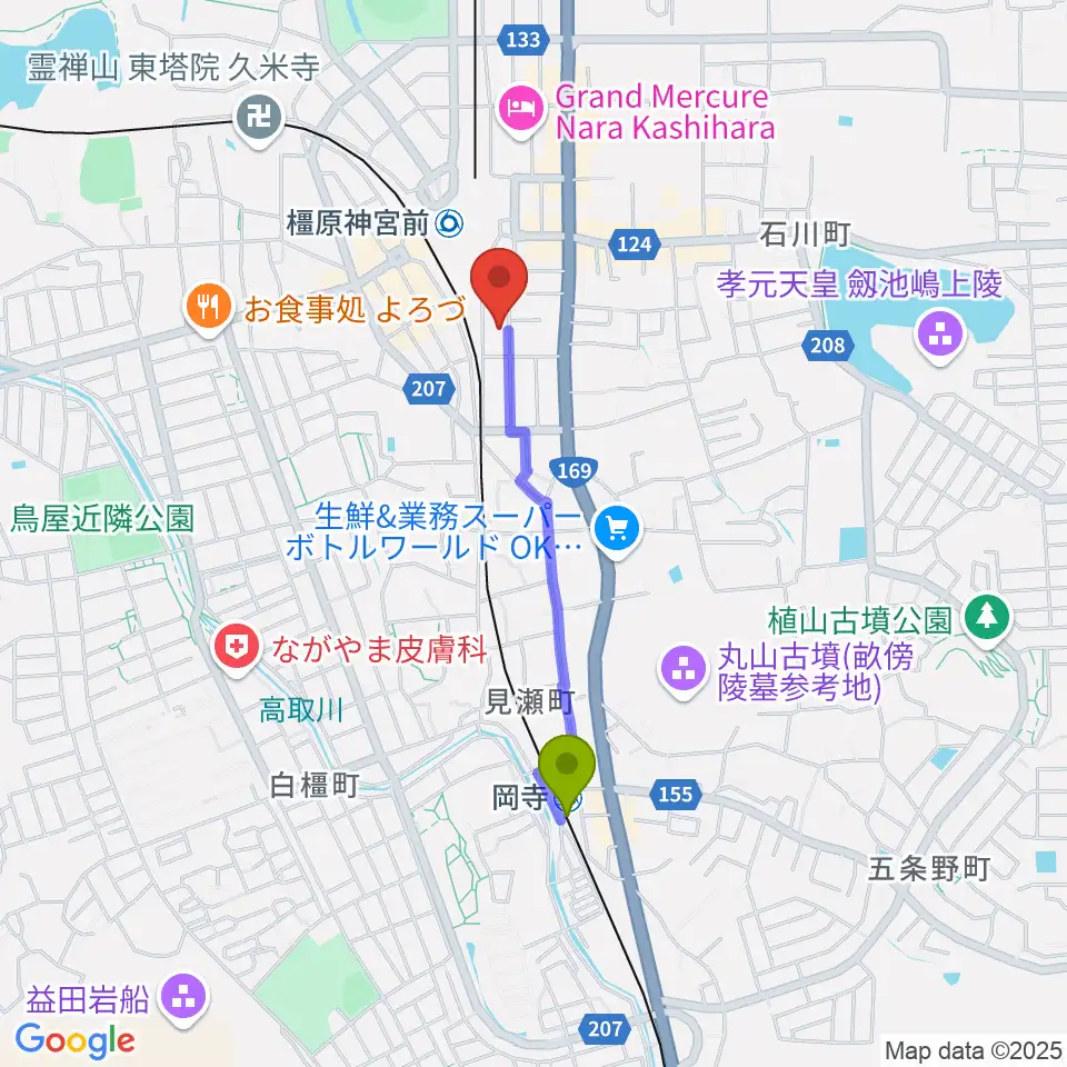 岡寺駅から橋本楽器ローレンス音楽教室へのルートマップ地図